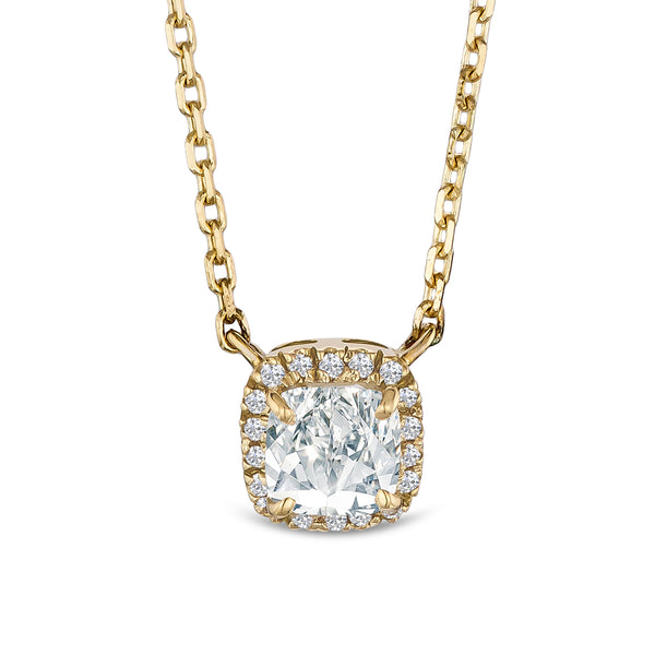 Lumia Halo 1.20ct Cushion Cut Lab Diamond Necklace in 9K Yellow Gold